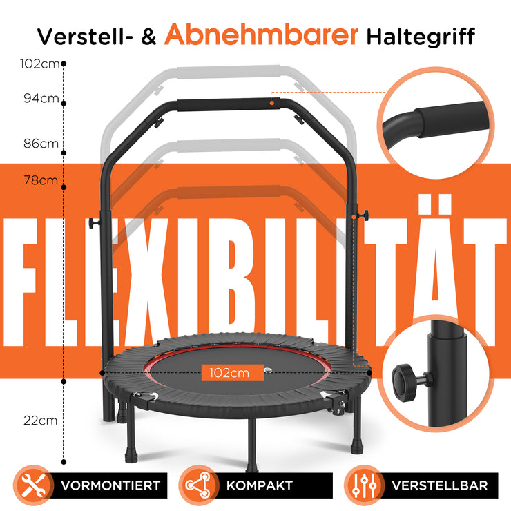 DH Fitlife Klappbares Fitness Trampolin, 4 Verstellbare Handgriffe, Leise und Stabil für Kinder & Erwachsene