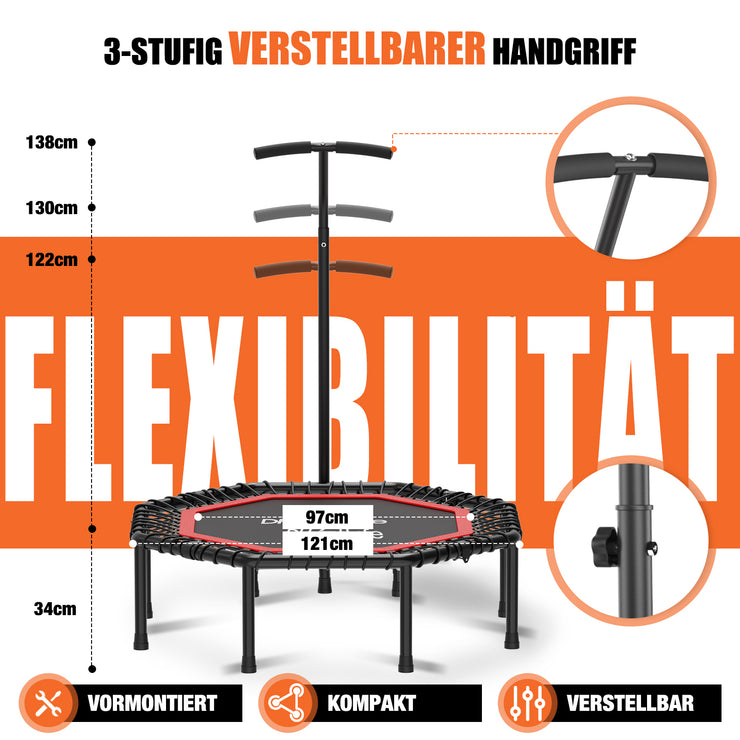 DH FitLife Fitness Indoor Trampolin klappbar ohne Installation | Ø121cm 48 Zoll Trampoline | Tragfähigkeit 150 KG | 3 verstellbare Handgriffstufen | Stabiler und leiser für Kinder u. Erwachsene