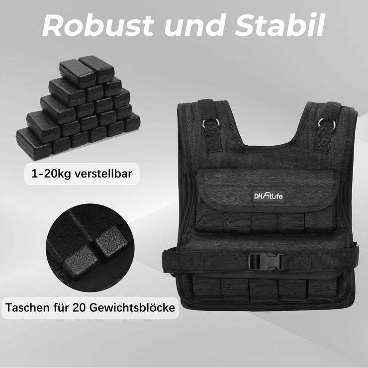 DH FitLife Verstellbare Gewichtsweste 10kg/20kg Kompakt u. Stabil zum Muskelaufbau u. Krafttraining
