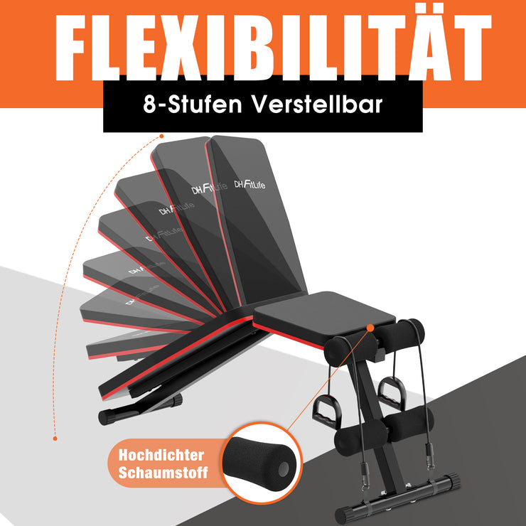 DH FitLife Klappbare 8 in 1 Hantelbank | 80% Platzsparend Trainingsbank für Ganzkörpertraining Zuhause | Verstellbare Fitnessbank & Schrägbank, Bauchmuskeltrainer für Home Gym