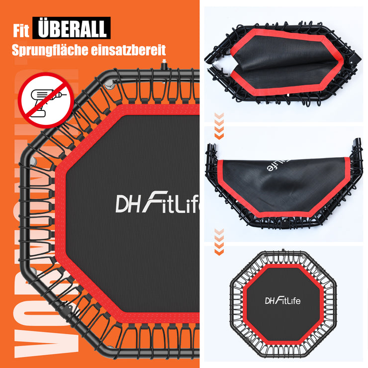 DH FitLife Fitness Indoor Trampolin klappbar ohne Installation | Ø121cm 48 Zoll Trampoline | Tragfähigkeit 150 KG | 3 verstellbare Handgriffstufen | Stabiler und leiser für Kinder u. Erwachsene