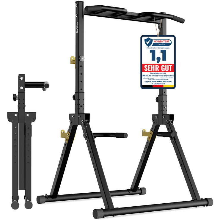 DH FitLife Faltbar Power Tower Dip Station | Klimmzugstange Freistehend bis 300kg mit Dip Barren u. Hantelablagen