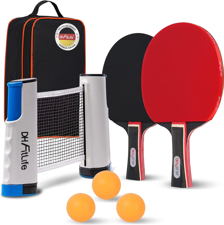 DH FitLife Tischtennisschläger Set für 2 Spieler, mit ausziehbarem mobilen Tischtennisnetz, 3 Tischtennisbälle, 2 Schläger