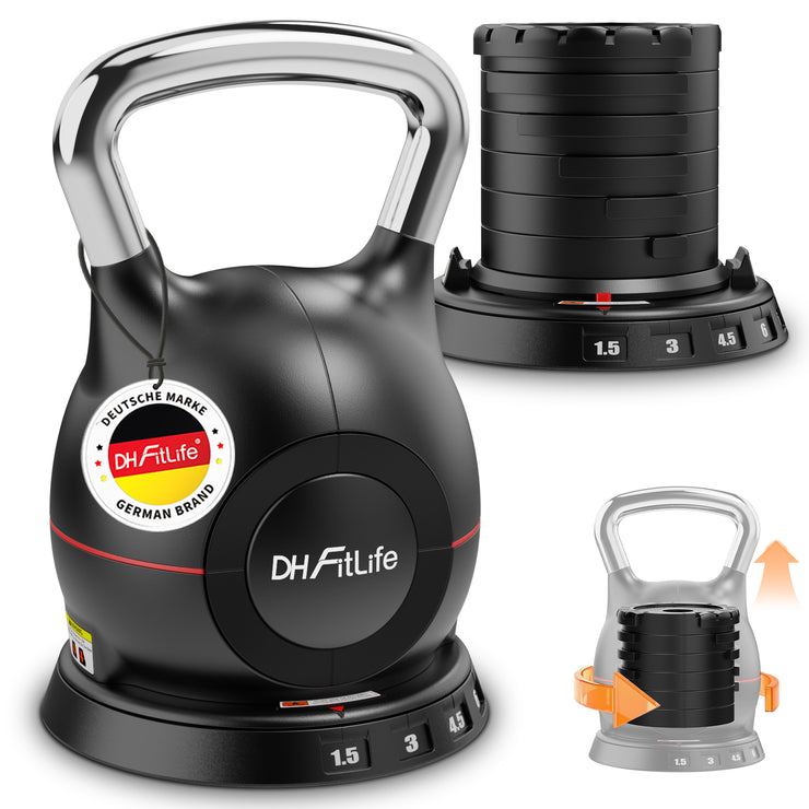 DH FitLife 7-in-1 Verstellbare Kettlebell Set (1.5-10kg)Kugelhantel mit 7 Gewichtstufen|Kurzhanteln für Heimtraining & Fitness