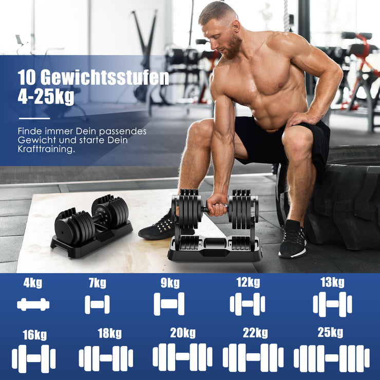 DH FitLife 25kg verstellbare Hanteln 4 bis 25 KG mit 10 Gewichtsstufen, Kurzhanteln Hanteln Set mit Hantelscheiben, Variable Gewichte 10 in 1