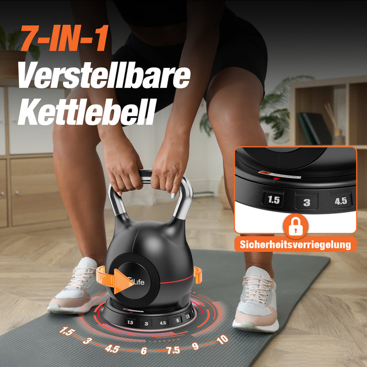 DH FitLife 7-in-1 Verstellbare Kettlebell Set (1.5-10kg)Kugelhantel mit 7 Gewichtstufen|Kurzhanteln für Heimtraining & Fitness