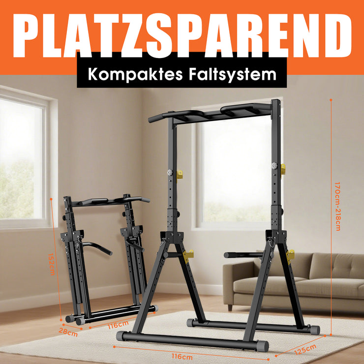 DH FitLife Faltbar Power Tower Dip Station | Klimmzugstange Freistehend bis 300kg mit Dip Barren u. Hantelablagen