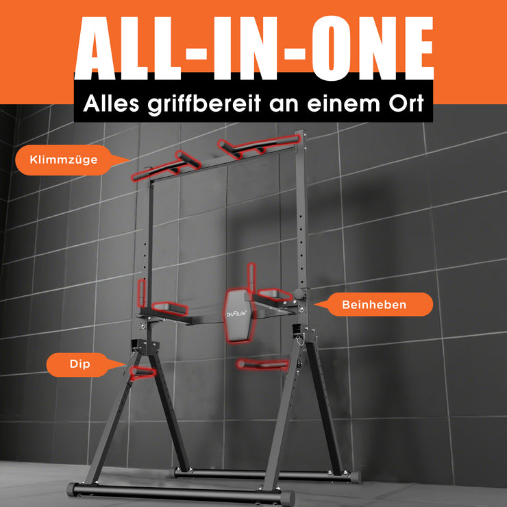 DH FitLife Faltbar Power Tower Dip Station bis 210kg | Klimmzugstange Freistehend mit Dip Barren u. Rückentrainer | Kraftstation Kraftturm | Fitness Station | Power Rack for Home Gym