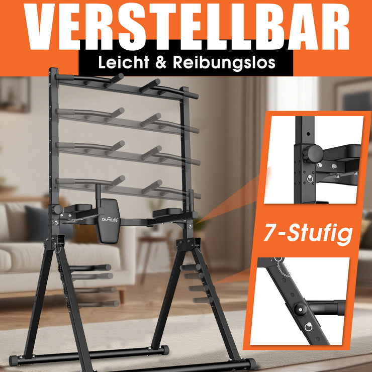 DH FitLife Faltbar Power Tower Dip Station bis 210kg | Klimmzugstange Freistehend mit Dip Barren u. Rückentrainer | Kraftstation Kraftturm | Fitness Station | Power Rack for Home Gym