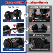 DH FitLife 25kg verstellbare Hanteln 4 bis 25 KG mit 10 Gewichtsstufen, Kurzhanteln Hanteln Set mit Hantelscheiben, Variable Gewichte 10 in 1