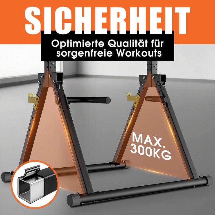DH FitLife Faltbar Power Tower Dip Station | Klimmzugstange Freistehend bis 300kg mit Dip Barren u. Hantelablagen