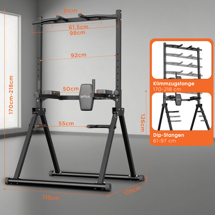 DH FitLife Faltbar Power Tower Dip Station bis 210kg | Klimmzugstange Freistehend mit Dip Barren u. Rückentrainer | Kraftstation Kraftturm | Fitness Station | Power Rack for Home Gym