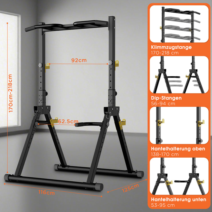 DH FitLife Faltbar Power Tower Dip Station | Klimmzugstange Freistehend bis 300kg mit Dip Barren u. Hantelablagen