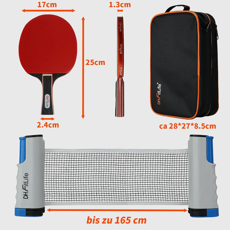 DH FitLife Tischtennisschläger Set für 2 Spieler, mit ausziehbarem mobilen Tischtennisnetz, 3 Tischtennisbälle, 2 Schläger
