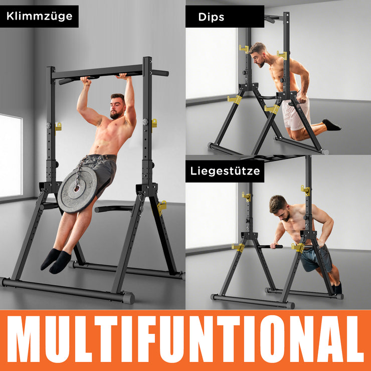DH FitLife Faltbar Power Tower Dip Station | Klimmzugstange Freistehend bis 300kg mit Dip Barren u. Hantelablagen