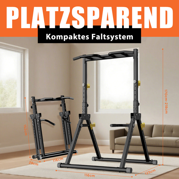 DH FitLife Faltbar Power Tower Dip Station | Klimmzugstange Freistehend bis 150kg mit Dip Barren u. Hantelablagen